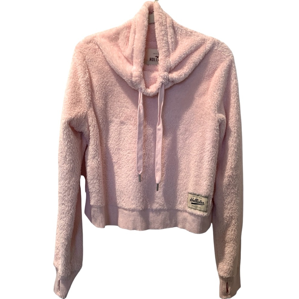 HOLLISTER Pink Fuzzy Cropped Cowl Neck Pullover Longsleeve Jacket L Cabincore